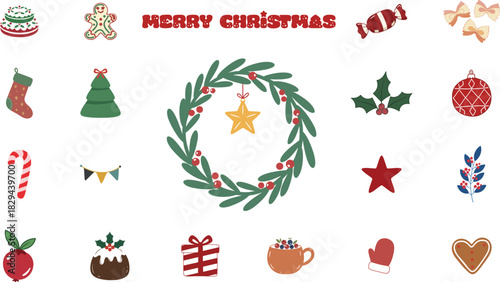 Merry Christmas collection with wreath gingerbread man cake stocking tree candy cane holly ornament gift and festive winter holiday elements isolated