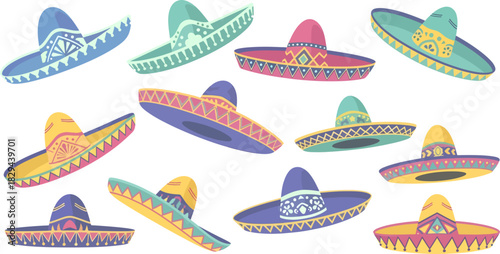 Colorful Mexican Sombreros Variety Collection on White Background