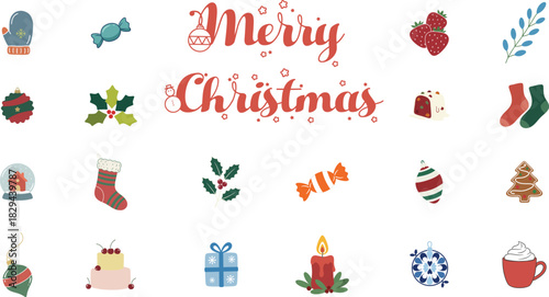Merry Christmas text with festive icons like mittens stockings ornaments gifts holly berries candle cake hot chocolate and strawberries on white