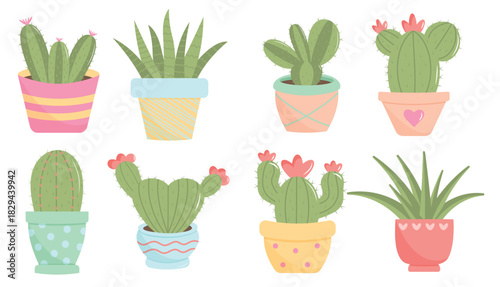 Cute cactuses in pot set. Trendy pastel colors. Exotic and tropical domestic plants.