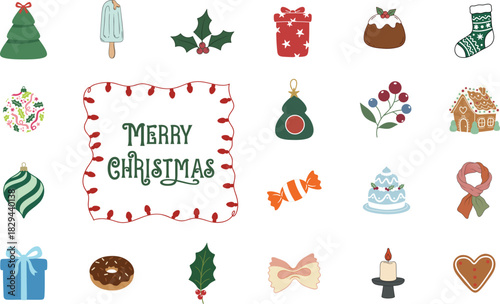 Merry Christmas greeting with festive icons including tree ornaments gifts holly berries pudding stocking lights gingerbread house candle donut and