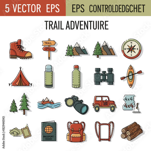 Trail Adventure Vector Icons for Outdoor Exploration and Camping Gear