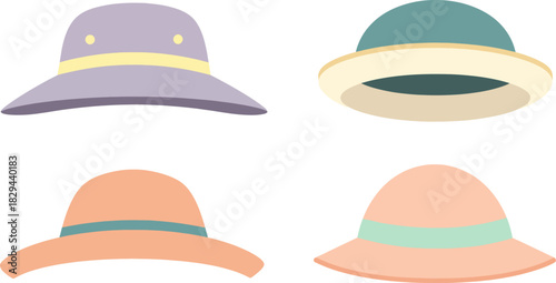 Set of Four Colorful Wide Brim Summer Hats in Pastel Shades for Women