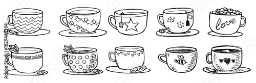 Cute cup of tea and coffee illustration. Simple mug clipart. Cozy home doodle set