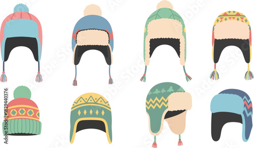 Colorful Winter Hats Collection with Pom Poms and Ethnic Patterns