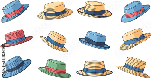 Collection of Colorful Straw Hats with Bows on White Background