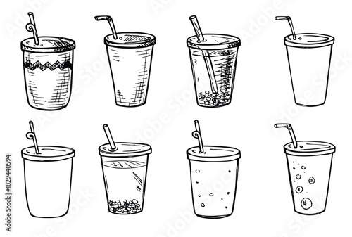 Cute cup of water, milkshake, juice or soda. Drink illustration. Simple cocktail clipart set