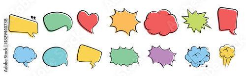 Empty comic speech bubbles background in pop art style. Comic speech bubble stickers with cloud, starburst, text box space, explosion.