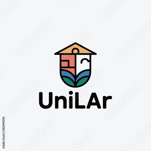 UniLar abstract house logo, geometric dark red and brown vector icon for real estate, construction, or architectural firm.