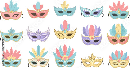 Colorful Carnival Masks with Feathers and Elegant Design for Festival Celebrations