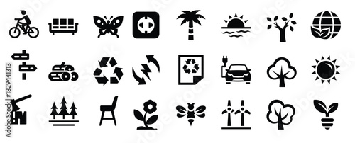  ecology glyph icons including earth bike sunset palm