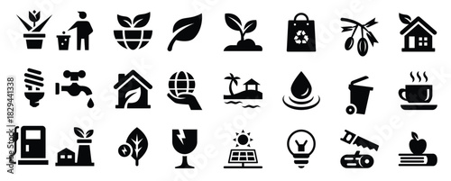 ecology glyph icons including home flower bag seed leaf 