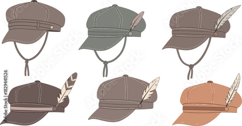 Collection of Vintage Leather and Fabric Cap Hats with Feathers in Various Colors