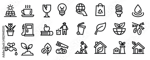 ecology line icons including leaf seed bag hand bulb 