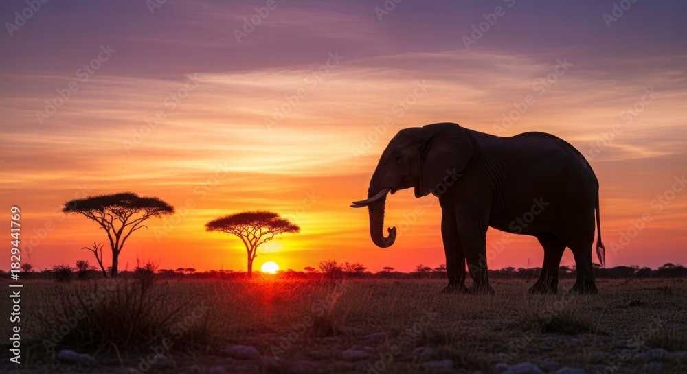 Fototapeta premium African Sunset Silhouette: An elephant gracefully stands in the foreground, silhouetted against a breathtaking African sunset, with two acacia trees adding to the serene panorama