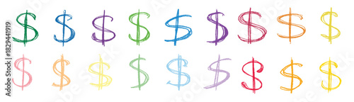 Set of hand drawn dollar currency symbol. Brush stroke doodle. Single element for design