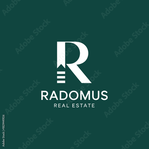 RADOMUS initial R logo, dark green geometric lettermark vector icon for corporate, finance, security, or consulting firm.