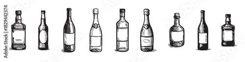 Set of different alcohol bottles in hand drawn black sketch style isolated on white background, graphic illustration. Concept of wine, whiskey, champagne, beer, liquor collection, vintage bar elements