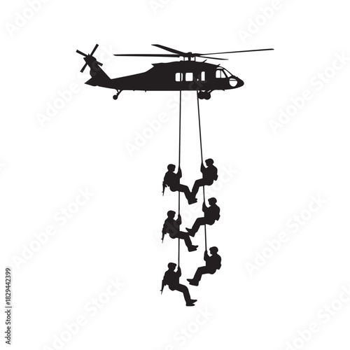 Military Helicopter Silhouette with Special Forces Soldiers Rappelling on Rope
