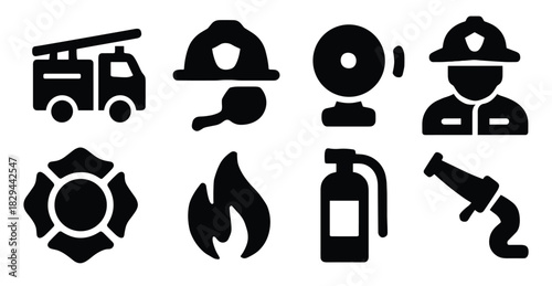 firefighter icons set of black firefighter and fire safety