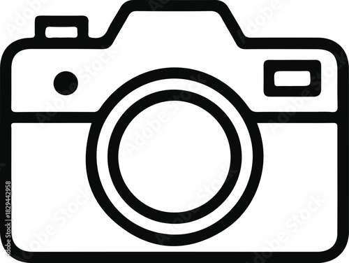 Classic photo camera outline icon, Minimal black-and-white line art of a traditional camera, ideal for photography, media, creative work, visual content, and digital design themes.

