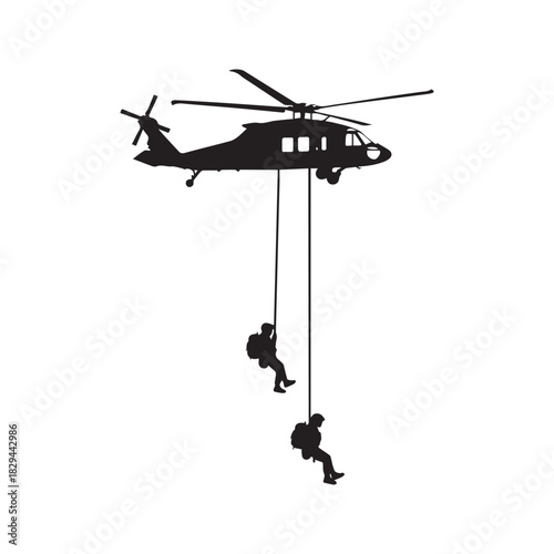Military Helicopter Silhouette with Special Forces Soldiers Rappelling on Rope
