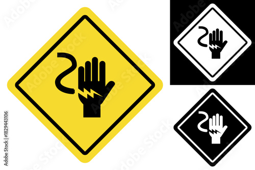 Vibrant yellow diamond warning sign illustrating electrical shock hazard with a hand gripping a live wire, signifying danger and the need for caution around electricity and high voltage