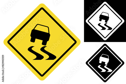 Standard yellow diamond warning sign indicating a slippery road or skidding hazard ahead, featuring a black silhouette of a car losing traction on a winding path, essential for driver safety awareness