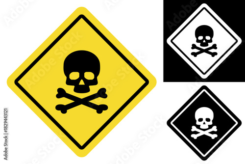 Set of danger warning symbols with a classic skull and crossbones icon, presented in yellow and black, and monochromatic versions for safety alerts