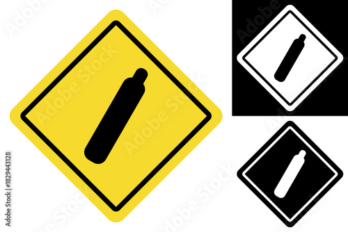 Universal safety warning sign icon set depicting a gas cylinder within a yellow diamond, signaling caution for compressed or pressurized gas containers in industrial and workplace environments
