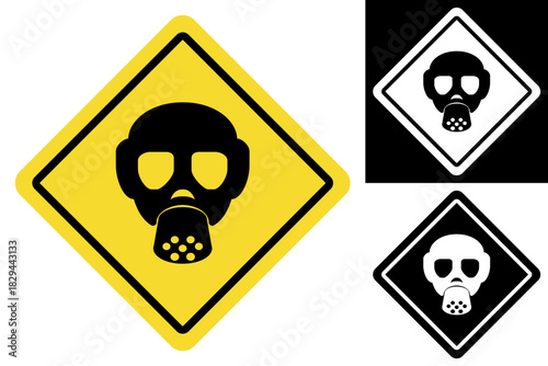 Universal graphic warning sign featuring a gas mask illustration, alerting to potential airborne hazards and the critical need for respiratory personal protective equipment