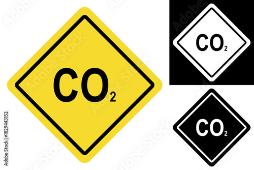 Carbon dioxide (CO2) warning symbol icon, a distinct diamond-shaped graphic for safety signage, environmental alerts, and design, offered in versatile color schemes