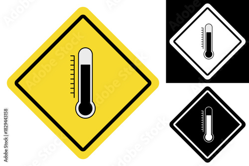 Temperature warning icon with a thermometer symbol inside a vibrant yellow diamond sign, also shown in high-contrast black and white variations, ideal for indicating heat, cold, or hazard alerts