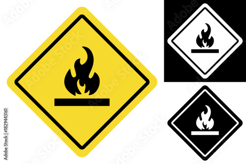 Yellow diamond warning sign with black flame symbol, indicating flammable materials and fire hazard. Includes monochrome versions for safety and regulatory communication