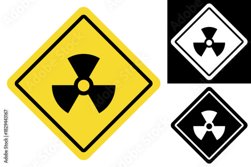 Universal radiation hazard warning sign symbol, depicted on a yellow diamond background with a black trefoil, and additional contrasting versions for safety alerts