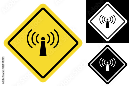 Diamond-shaped warning sign indicating strong electromagnetic fields or radio frequency emissions from a wireless communication source, symbolizing potential health hazards or restricted access areas