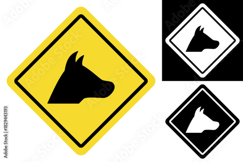 Stylized animal head warning sign in a vibrant yellow diamond, accompanied by black and white variations, ideal for general caution, road safety, and indicating the presence of animals or pets