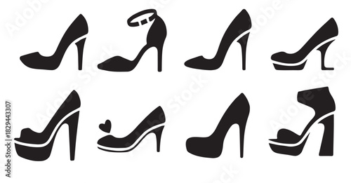 set of solid black silhouette icons featuring stylish womens