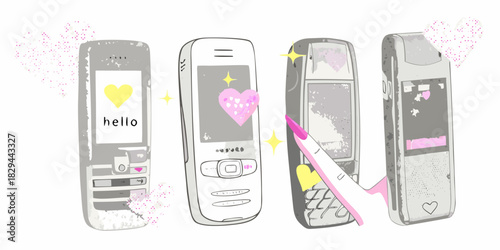 Nostalgic cellphones with hearts and hand retro tech illustration