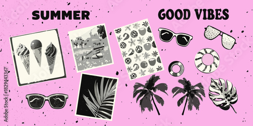 Summer good vibes collage with ice cream sunglasses and palm trees