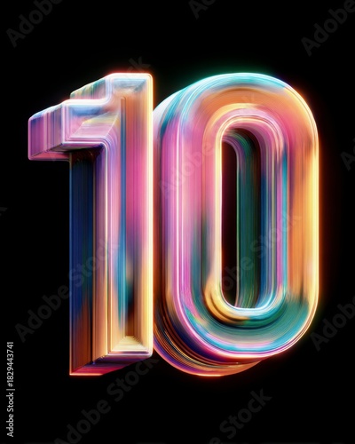 Colorful 3D Number 10 with Vibrant Patterns on Black Background