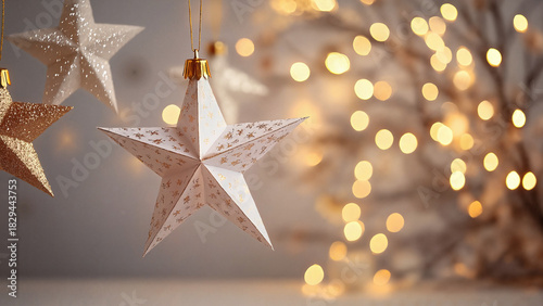Folded paper stars hanging with bokeh lights in festive atmosphere, Handmade christmas paper stars, elegant Christmas atmosphere, warmth and holiday charm,  festive vibe 