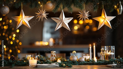 Handmade christmas paper stars, elegant Christmas atmosphere, warmth and holiday charm,  festive vibe 