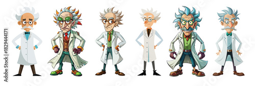 Set of Quirky cartoon mad scientists in lab coats isolated on white background. Concept of eccentric genius, crazy professor, Halloween character, humorous illustration, comic design element. Clip art