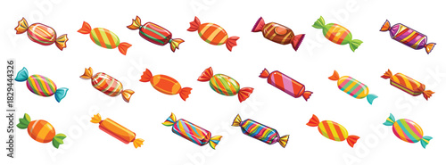 Set of colorful wrapped fruit and chocolate candies isolated on a white background. Design of bonbons. Concept of sweets, confectionery, and fun treats. Print, design elements. Clip art