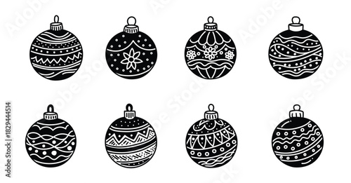 Set of various black and white Christmas ornaments with intricate patterns and designs on white background. Concept of holiday decorations, baubles, festive coloring, Christmas balls, craft templates