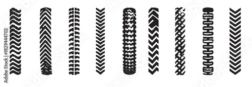Set of various black tire tracks isolated on a white background. Concept of vehicle patterns, car tread designs, off-road marks, distinct tire imprints. Texture, pattern, automotive design elements
