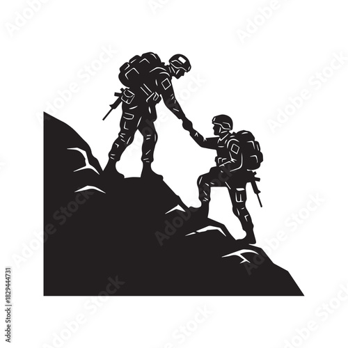 Silhouette of Soldier Giving Helping Hand to Comrade Climbing Hill Vector

