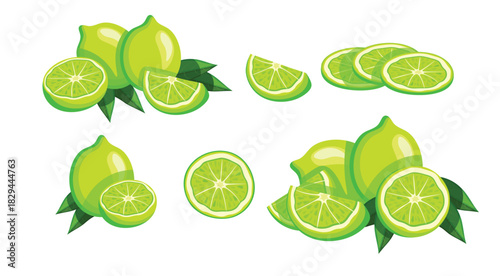 set of green limes in cartoon style flat illustration