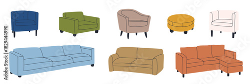 Set of various modern colorful comfortable armchairs and sofas. Upholstered furniture for rest; relaxation. Room decoration; interior design. Drawn flat illustration. All elements are insolated